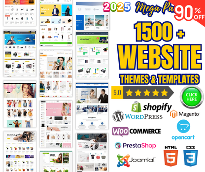 Plus de 1 500 modèles de thèmes Web Mega Bundle | WordPress, Shopify, HTML, WooCommerce, Magento, PrestaShop |